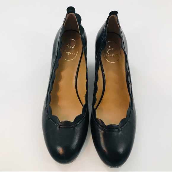 Jack Rogers Thea Soft Black Leather Scalloped Trim Round Toe Wedges - Picture 8 of 9